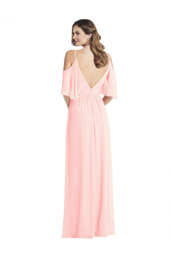 Desconto Rosa Linha A Decote V Ombro Frio Comprimento Chão Vestidos de Madrinha