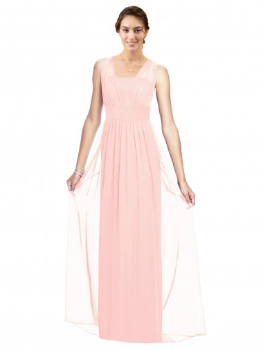 Desconto Rosa Linha A Decote V Sem Mangas Comprimento Chão Longo Chiffon Vestidos de Madrinha