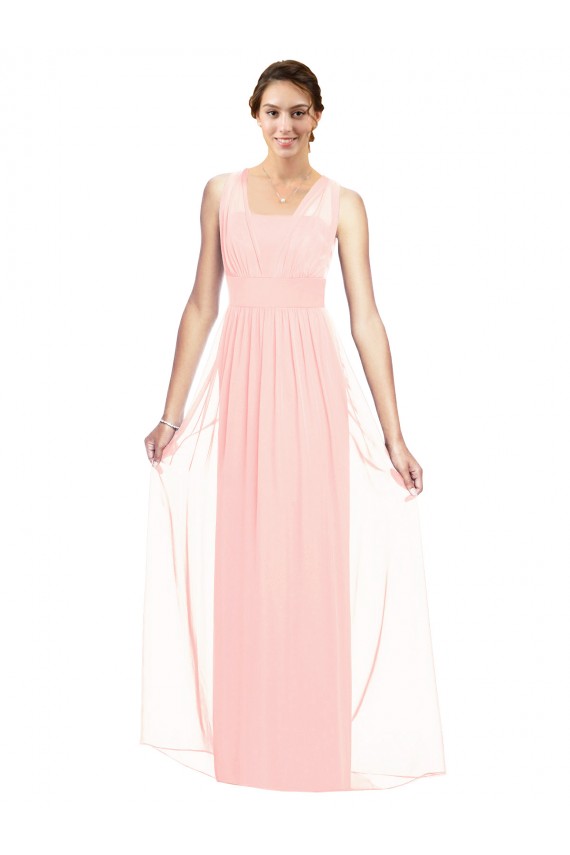 Desconto Rosa Linha A Decote V Sem Mangas Comprimento Chão Longo Chiffon Vestidos de Madrinha