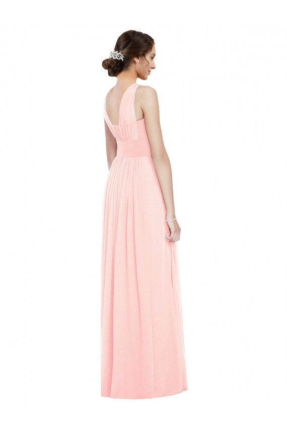 Desconto Rosa Linha A Decote V Sem Mangas Comprimento Chão Longo Chiffon Vestidos de Madrinha