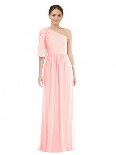 Desconto Rosa Linha A Um Ombro Mangas Sino Comprimento Chão Vestidos de Madrinha