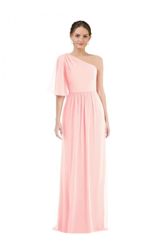Desconto Rosa Linha A Um Ombro Mangas Sino Comprimento Chão Vestidos de Madrinha