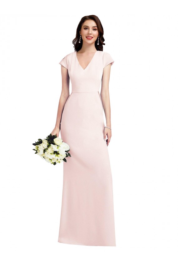 Desconto Rosa Linha A Decote V Mangas Curtas Comprimento Chão Vestidos de Madrinha / Vestidos de Noite / Vestidos de Festa