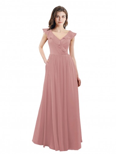 Desconto Rosa Empoeirado Linha A Decote V Mangas Curtas Comprimento Chão Vestidos de Madrinha