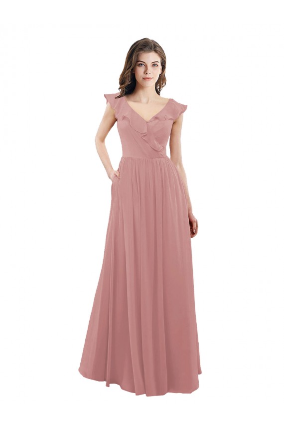 Desconto Rosa Empoeirado Linha A Decote V Mangas Curtas Comprimento Chão Vestidos de Madrinha