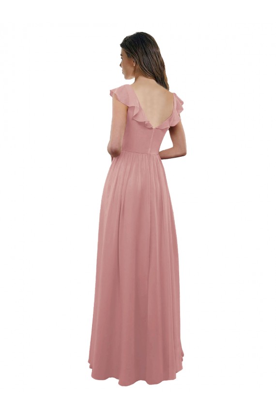 Desconto Rosa Empoeirado Linha A Decote V Mangas Curtas Comprimento Chão Vestidos de Madrinha