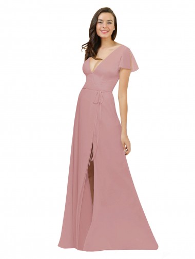 Desconto Rosa Empoeirado Linha A Decote V Mangas Esvoaçantes Comprimento Chão Vestidos de Madrinha