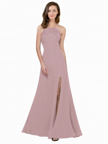 Desconto Rosa Empoeirado Linha A Decote Joia Sem Mangas Comprimento Chão Vestidos de Madrinha / Vestidos de Festa