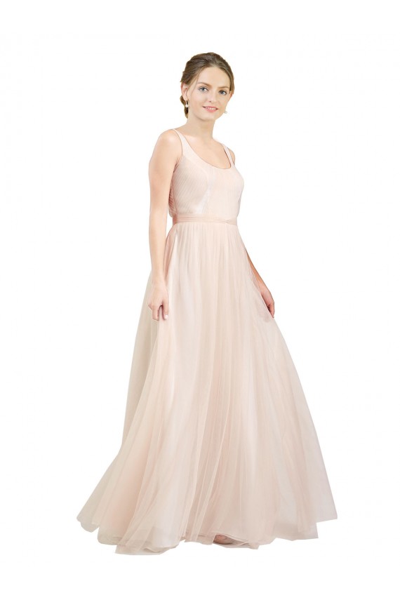 Desconto Rosa Linha A Colher Sem Mangas Comprimento Chão Vestidos de Madrinha