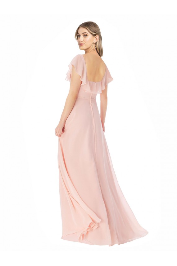 Desconto Rosa Linha A Decote Quadrado Mangas Curtas Comprimento Chão Vestidos de Madrinha