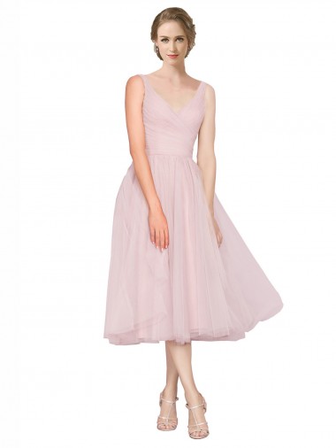 Desconto Rosa Linha A Decote V Sem Mangas Comprimento Chá Vestidos de Madrinha / Vestidos de Cocktail / Vestidos de Homecoming