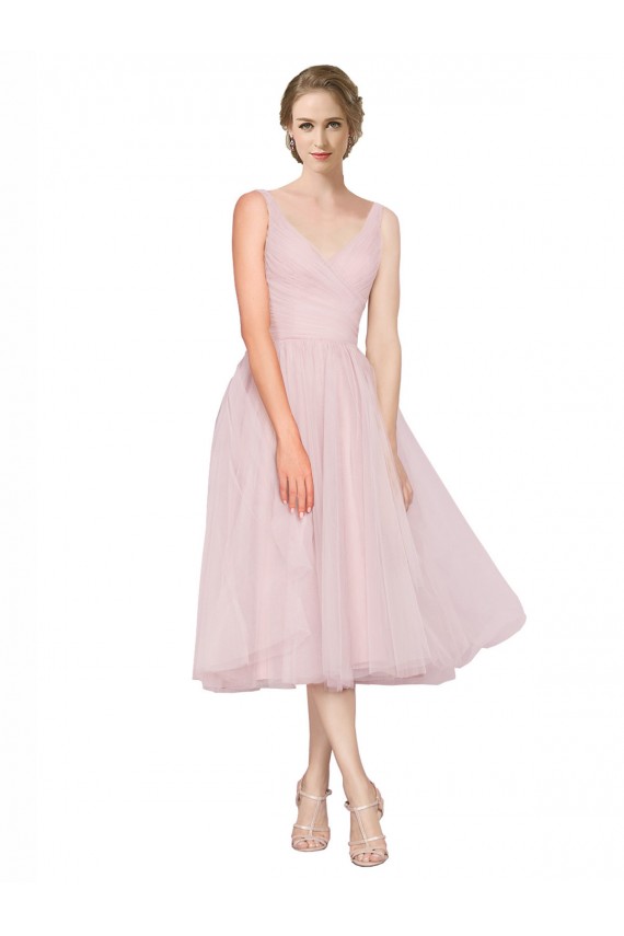 Desconto Rosa Linha A Decote V Sem Mangas Comprimento Chá Vestidos de Madrinha / Vestidos de Cocktail / Vestidos de Homecoming