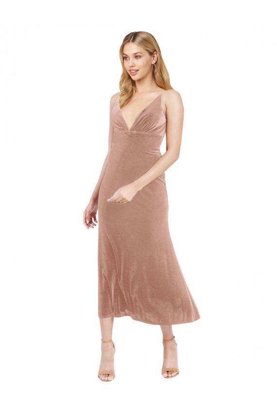 Desconto Rosa Linha A Decote V Sem Mangas Comprimento Midi Vestidos de Madrinha / Vestidos de Festa / Vestidos de Cocktail / Vestidos de Homecoming