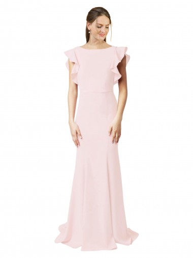 Desconto Rosa Sereia Decote Joia Mangas Folhos Comboio Varredela Vestidos de Madrinha / Vestidos de Festa