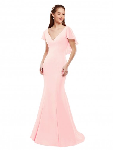 Desconto Rosa Sereia Decote V Mangas Esvoaçantes Comprimento Chão Vestidos de Madrinha