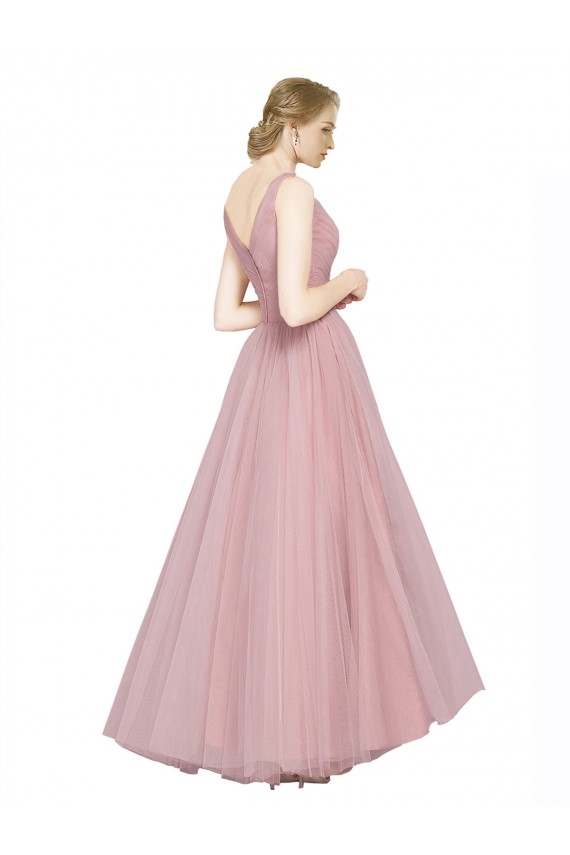 Desconto Rosa Linha A Decote V Sem Mangas Comprimento Chão Longo Tule Vestidos de Madrinha