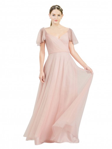Desconto Rosa Linha A Decote V Mangas Esvoaçantes Comprimento Chão Vestidos de Madrinha