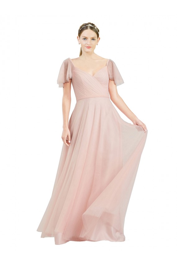 Desconto Rosa Linha A Decote V Mangas Esvoaçantes Comprimento Chão Vestidos de Madrinha