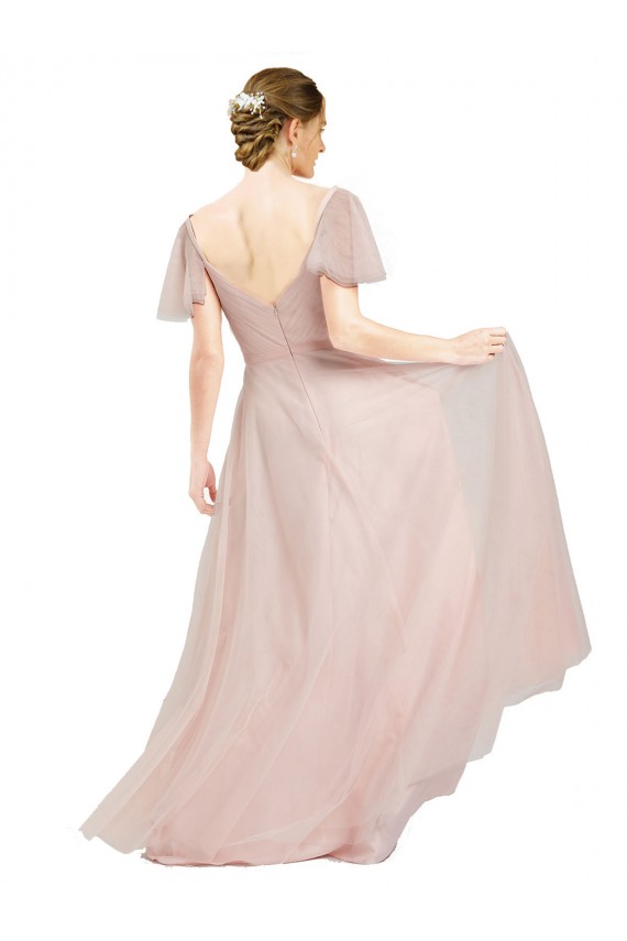 Desconto Rosa Linha A Decote V Mangas Esvoaçantes Comprimento Chão Vestidos de Madrinha