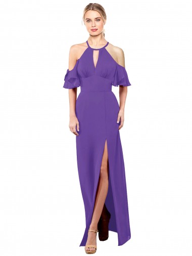 Desconto Roxo Linha A Cabeçada Mangas Folhos Comprimento Chão Vestidos de Madrinha