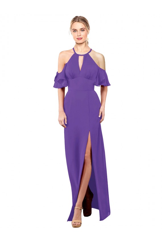Desconto Roxo Linha A Cabeçada Mangas Folhos Comprimento Chão Vestidos de Madrinha