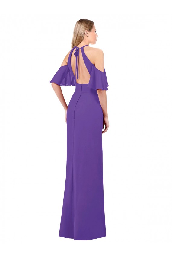Desconto Roxo Linha A Cabeçada Mangas Folhos Comprimento Chão Vestidos de Madrinha