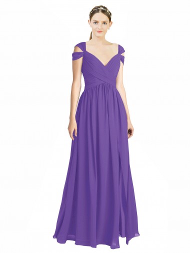 Desconto Roxo Linha A Fora do Ombro Mangas Curtas Comprimento Chão Vestidos de Madrinha