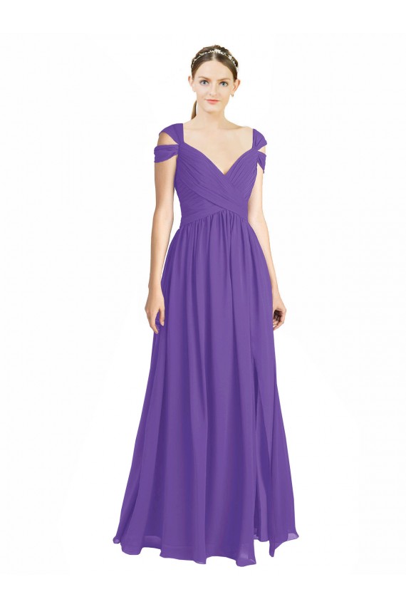 Desconto Roxo Linha A Fora do Ombro Mangas Curtas Comprimento Chão Vestidos de Madrinha