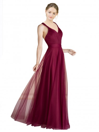Desconto Linha A Decote V Sem Mangas Comprimento Chão Longo Vestidos de Madrinha