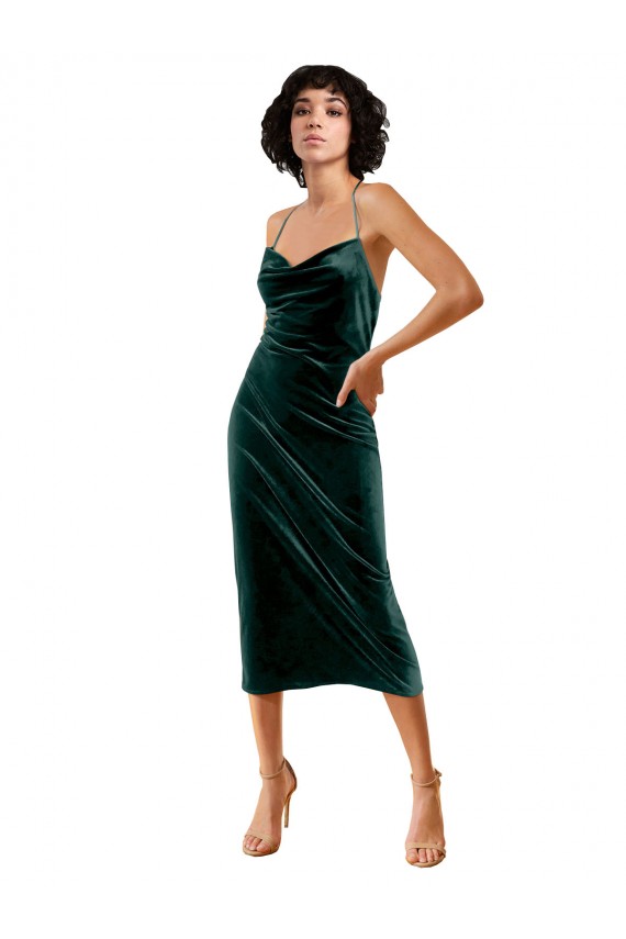 Desconto Verde Escuro Bainha Alças finas Sem Mangas Comprimento Midi Vestidos de Madrinha / Vestidos de Noite / Vestidos de Festa