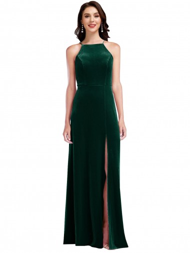 Desconto Verde Escuro Linha A Cabeçada Sem Mangas Comprimento Chão Vestidos de Madrinha / Vestidos de Festa