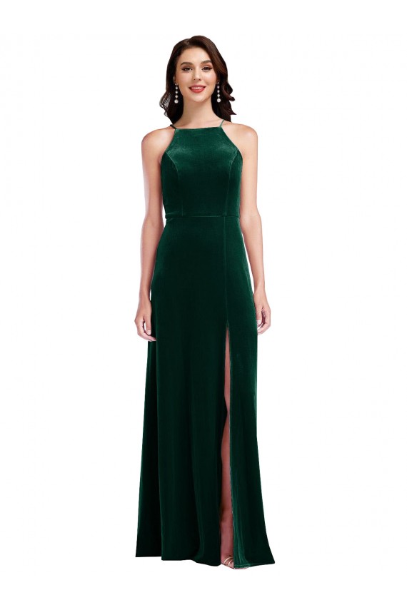 Desconto Verde Escuro Linha A Cabeçada Sem Mangas Comprimento Chão Vestidos de Madrinha / Vestidos de Festa