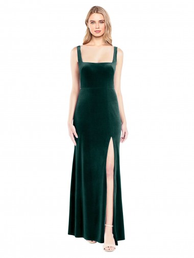Desconto Verde Escuro Linha A Decote Quadrado Sem Mangas Comprimento Chão Vestidos de Madrinha / Vestidos de Festa