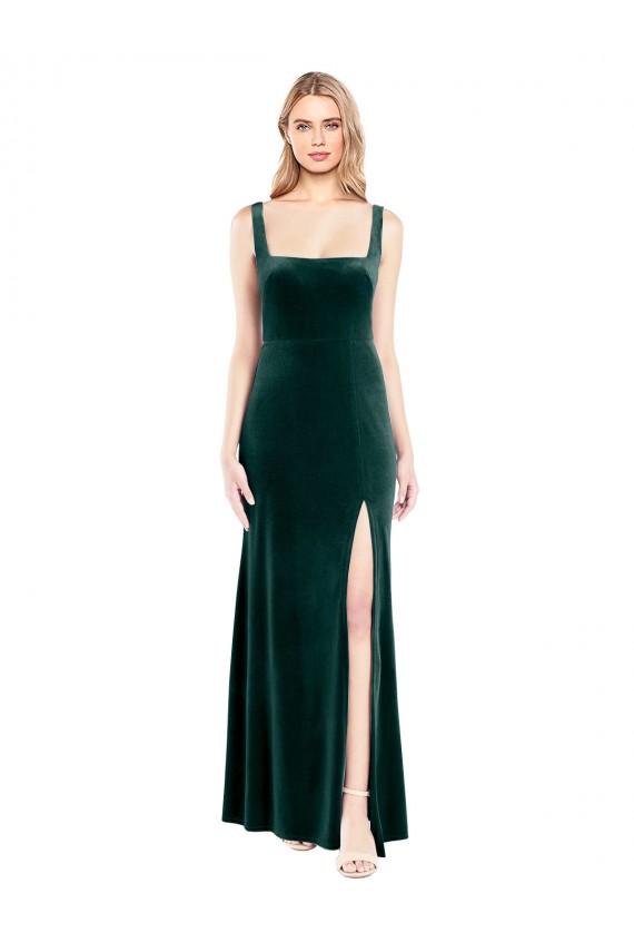 Desconto Verde Escuro Linha A Decote Quadrado Sem Mangas Comprimento Chão Vestidos de Madrinha / Vestidos de Festa