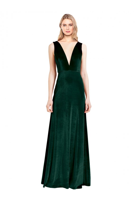Desconto Verde Escuro Linha A Decote V Sem Mangas Comprimento Chão Vestidos de Madrinha / Vestidos de Noite