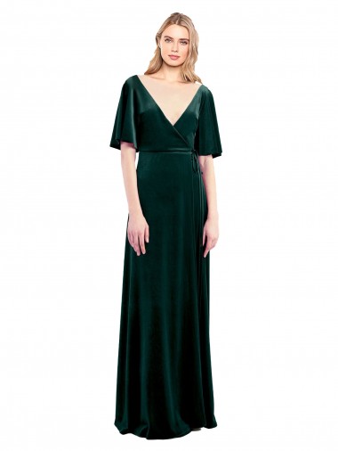 Desconto Verde Escuro Linha A Decote V Mangas Esvoaçantes Comprimento Chão Vestidos de Madrinha / Vestidos de Festa