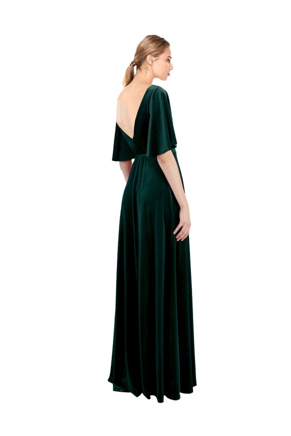 Desconto Verde Escuro Linha A Decote V Mangas Esvoaçantes Comprimento Chão Vestidos de Madrinha / Vestidos de Festa