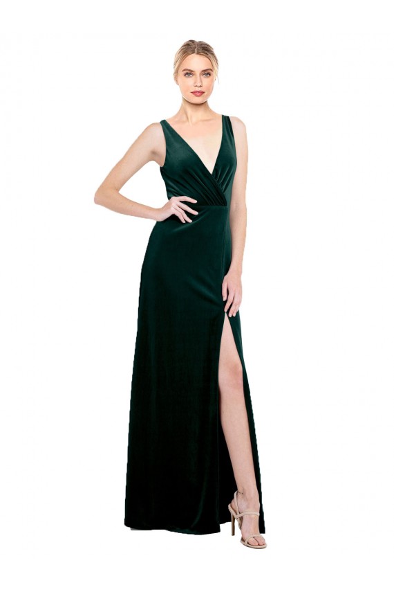 Desconto Verde Escuro Linha A Decote V Sem Mangas Comprimento Chão Longo Vestidos de Madrinha / Vestidos de Noite / Vestidos de Festa