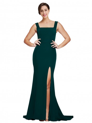 Desconto Verde Meia-Noite Bainha Decote Quadrado Sem Mangas Comboio Varredela Vestidos de Madrinha / Vestidos de Festa