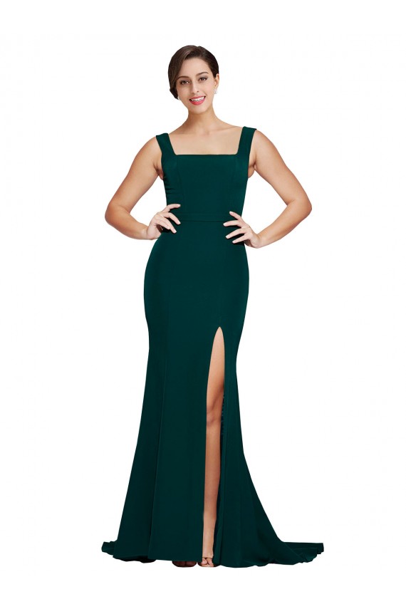 Desconto Verde Meia-Noite Bainha Decote Quadrado Sem Mangas Comboio Varredela Vestidos de Madrinha / Vestidos de Festa
