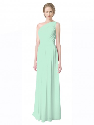 Desconto Verde Menta Linha A Um Ombro Sem Mangas Comprimento Chão Vestidos de Madrinha