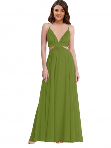Desconto Verde Oliva Linha A Decote V Sem Mangas Comprimento Chão Vestidos de Madrinha
