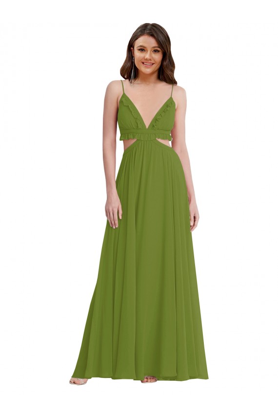 Desconto Verde Oliva Linha A Decote V Sem Mangas Comprimento Chão Vestidos de Madrinha