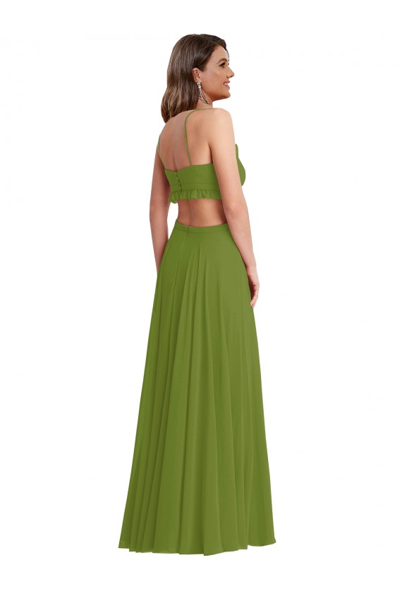 Desconto Verde Oliva Linha A Decote V Sem Mangas Comprimento Chão Vestidos de Madrinha
