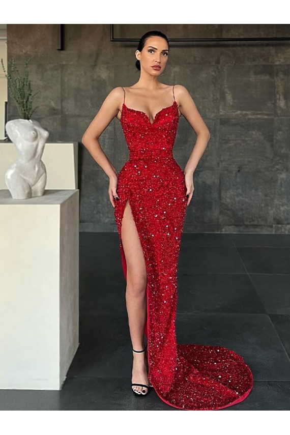Desconto Vermelho Bainha Decote V Sem Mangas Comboio Varredela Vestidos de Festa
