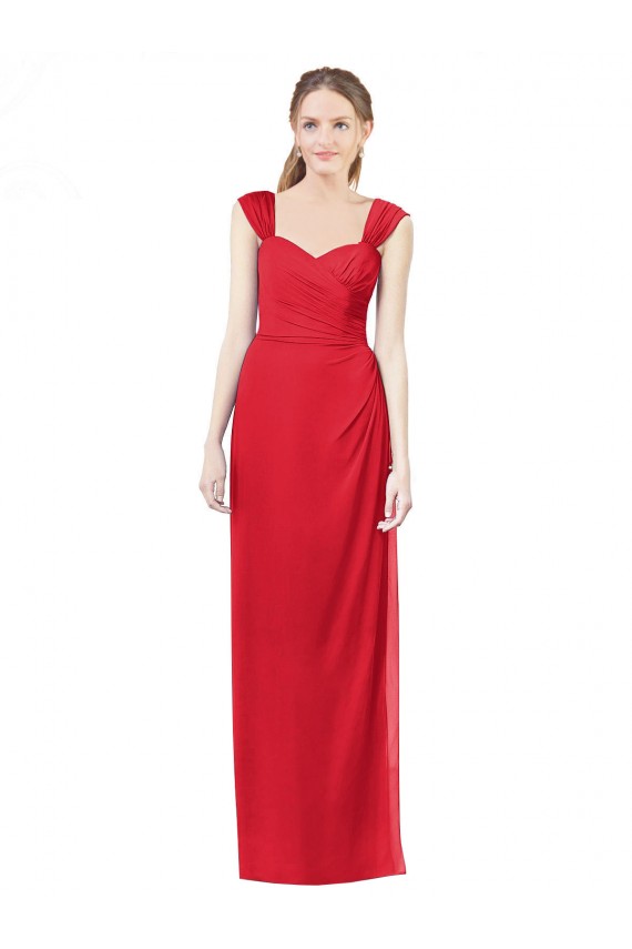 Desconto Vermelho Linha A Amor Mangas Curtas Comprimento Chão Vestidos de Madrinha