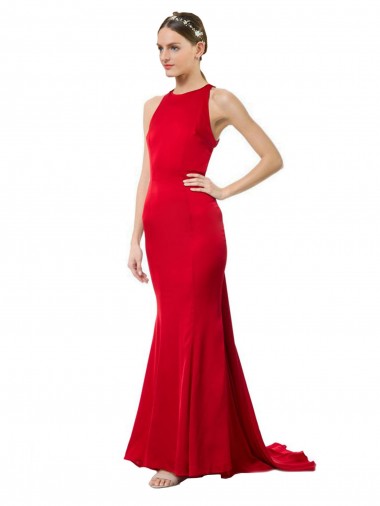 Desconto Vermelho Sereia Cabeçada Sem Mangas Comprimento Chão Vestidos de Madrinha / Vestidos de Festa