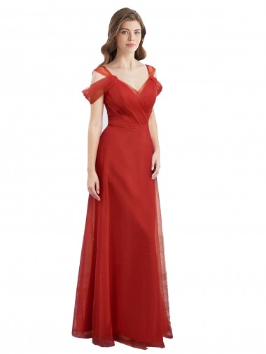 Desconto Vermelho Linha A Amor Ombro Frio Comprimento Chão Vestidos de Madrinha