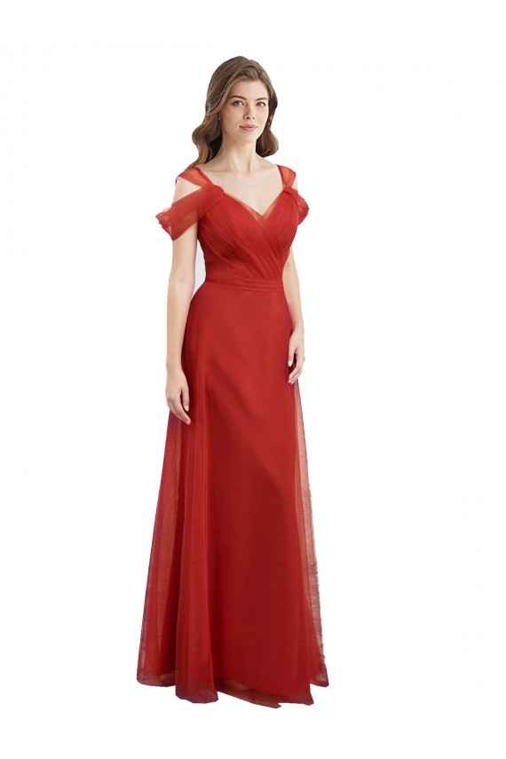 Desconto Vermelho Linha A Amor Ombro Frio Comprimento Chão Vestidos de Madrinha