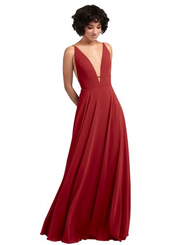 Desconto Vermelho Linha A Decote V Sem Mangas Comprimento Chão Vestido de Madrinha